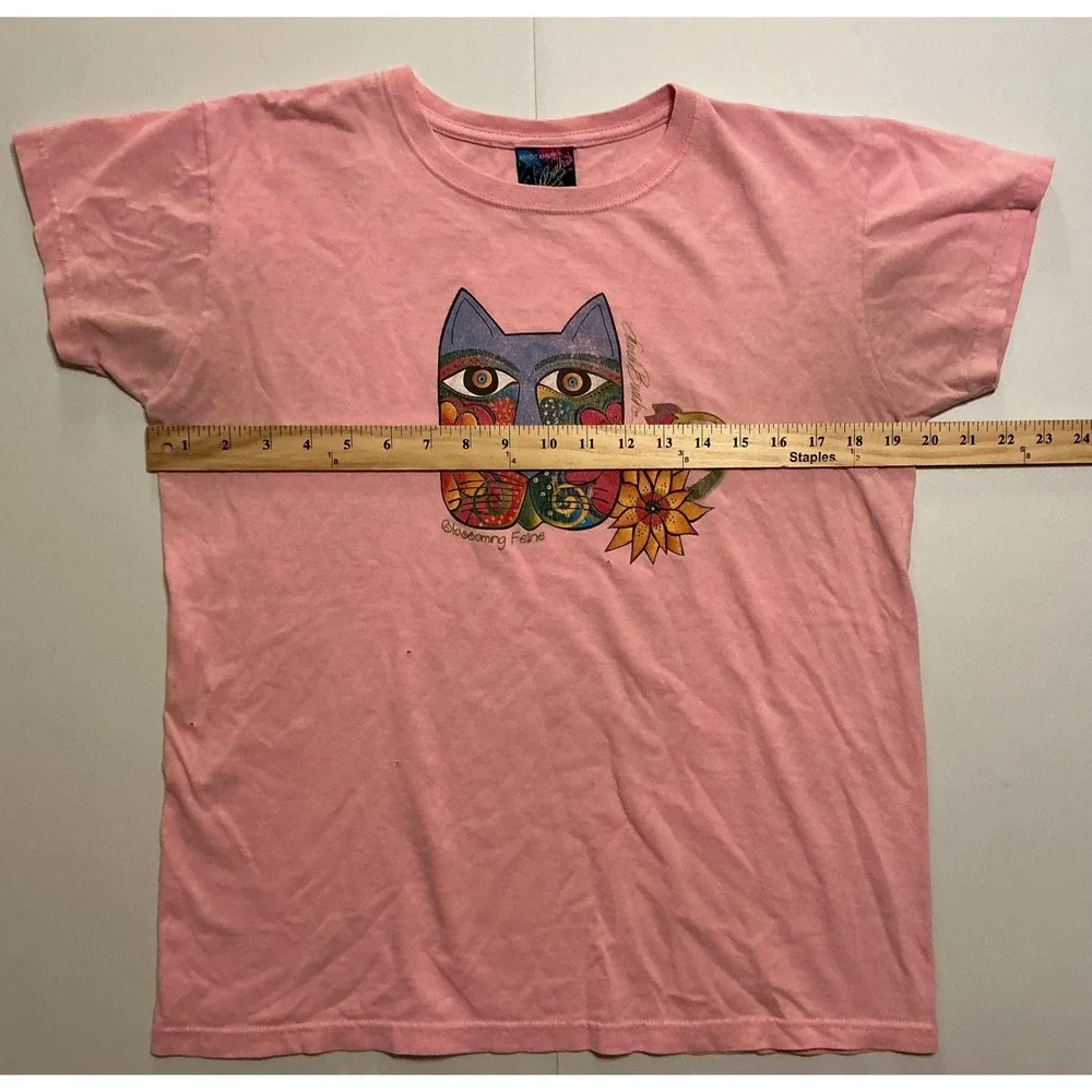 VTG USA Made 90s Laurel Burch Blossoming Feline Pink T-Shirt Womens Art Cat M - Picture 3 of 7